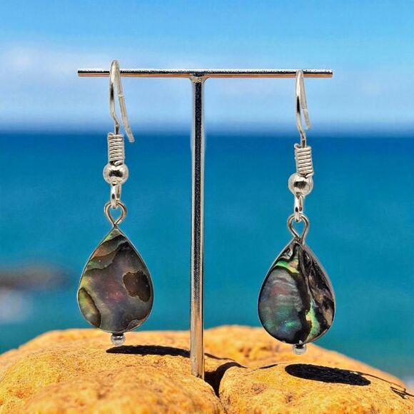 Dainty Abalone and Resin Teardrops on‎ Silver Tone Hooks Drop Dangle Earrings - Picture 1 of 7